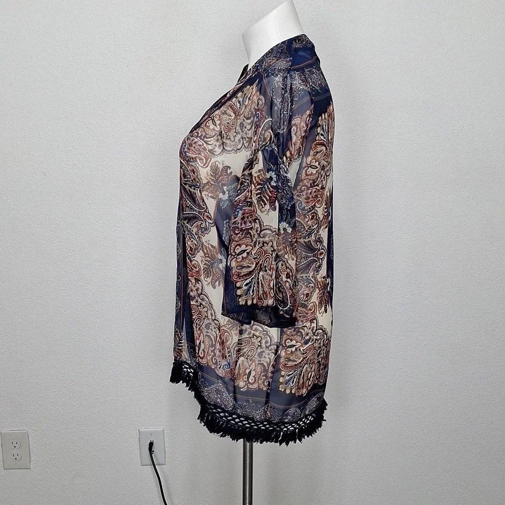 Umgee Blue Tan Bohemian 3/4 Wide Sleeve Boho Hippie Fringe Kimono Size S/M